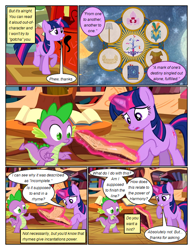 Size: 612x792 | Tagged: safe, artist:newbiespud, edit, edited screencap, imported from derpibooru, screencap, spike, twilight sparkle, dragon, pony, unicorn, comic:friendship is dragons, magical mystery cure, book, comic, dialogue, duo, eyelashes, female, glowing horn, golden oaks library, horn, indoors, magic, male, mare, open mouth, raised hoof, screencap comic, shrug, solo, telekinesis, unicorn twilight