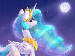 Size: 1890x1417 | Tagged: safe, artist:dandy, imported from derpibooru, princess celestia, alicorn, pony, atg 2021, chest fluff, crying, ethereal mane, eyelashes, female, implied princess luna, jewelry, looking up, mare, mare in the moon, moon, newbie artist training grounds, night, rear view, regalia, sad, sadlestia, solo, teary eyes, wings