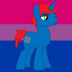 Size: 900x900 | Tagged: safe, artist:ry-bluepony1, imported from derpibooru, oc, oc only, oc:train track, pony, unicorn, base used, bisexual, bisexual pride flag, cutie mark, horn, male, pride, pride flag, show accurate, smiling, smirk, solo, stallion, unicorn oc