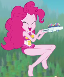 Size: 410x496 | Tagged: safe, imported from derpibooru, screencap, pinkie pie, human, equestria girls, equestria girls series, too hot to handle, barefoot, clothes, cropped, cute, diapinkes, eyes closed, feet, female, happy, one-piece swimsuit, open mouth, open smile, pinkie pie swimsuit, sleeveless, smiling, snowcone, solo, swimsuit