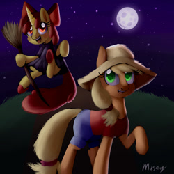 Size: 1280x1280 | Tagged: safe, artist:genericartistperson, imported from derpibooru, apple bloom, applejack, clothes, costume, female, filly, mare, moon, night, nightmare night