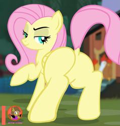 Size: 973x1024 | Tagged: safe, artist:succubi samus, edit, imported from ponybooru, fluttershy, bird, chicken, pegasus, pony, bedroom eyes, butt, commission, dock, flutterbutt, looking back, plot, presenting, raised hoof, raised leg, raised tail, sassy, signature, solo, tail