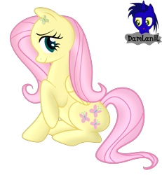 Size: 3840x4154 | Tagged: safe, artist:damlanil, imported from derpibooru, fluttershy, pegasus, pony, blushing, cute, cutie mark accessory, female, makeup, mare, raised hoof, shiny, shiny mane, show accurate, shyabetes, simple background, sitting, solo, transparent background, vector, wings