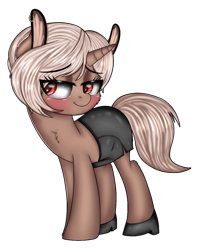 Size: 1129x1404 | Tagged: safe, imported from ponybooru, oc, oc only, oc:gold spoons, pony, unicorn, blushing, chest fluff, clothes, ear fluff, ear piercing, ears, eye clipping through hair, female, horn, mare, piercing, ponybooru collab 2021, shoes, simple background, skirt, smiling, solo, transparent background, unicorn oc