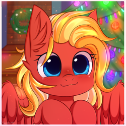 Size: 3000x3000 | Tagged: safe, artist:pesty_skillengton, imported from ponybooru, oc, oc only, pegasus, pony, :3, christmas, christmas tree, christmas wreath, cute, female, holiday, indoors, mare, ocbetes, smiling, solo, tree, wreath