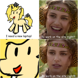 Size: 1695x1695 | Tagged: safe, artist:file, imported from ponybooru, oc, oc:annabelle (zizzydizzymc), unicorn, 4 panel meme, computer, floppy disk, laptop computer, looking at you, meme, op is a duck, op is trying to start shit, smiling, text