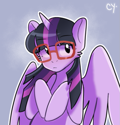 Size: 525x549 | Tagged: safe, artist:cyanesk, imported from derpibooru, twilight sparkle, alicorn, pony, bust, cheek fluff, cute, eye clipping through hair, eyebrows, eyebrows visible through hair, eyelashes, female, glasses, looking at you, mare, simple background, solo, twiabetes, twilight sparkle (alicorn), watermark