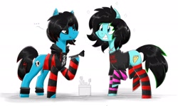 Size: 1920x1152 | Tagged: safe, artist:flutterthrash, imported from derpibooru, oc, oc only, oc:emo lad, oc:scene chick, earth pony, pony, ..., ankle band, arm warmers, brother and sister, clothes, commission, duo, ear piercing, earring, emo, eyeliner, eyeshadow, female, grin, happy, hoodie, hoof hold, jewelry, lip piercing, makeup, male, mare, necklace, nose piercing, piercing, scene, shirt, siblings, simple background, smiling, socks, stallion, standing, striped socks, t-shirt, white background