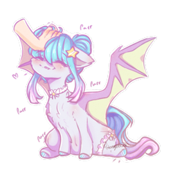 Size: 1353x1335 | Tagged: safe, artist:honeybbear, imported from derpibooru, oc, oc only, bat pony, pony, bat pony oc, bat wings, behaving like a cat, chest fluff, choker, cute, eyes closed, hand, head pat, pat, petting, sitting, spread wings, wings