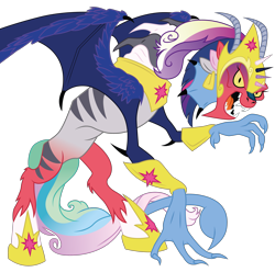 Size: 3029x3000 | Tagged: safe, artist:dragonchaser123, idw, imported from derpibooru, big macintosh, cosmos (character), princess cadance, princess celestia, princess luna, twilight sparkle, zecora, spoiler:comic, spoiler:comic77, cosmageddon, cosmos, crown, female, fusion, high res, horn, hybrid wings, idw showified, jewelry, multiple ears, multiple horns, regalia, scorpion tail, simple background, solo, tail, transparent background, vector, we have become one, wing claws, wings