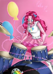 Size: 2893x3996 | Tagged: safe, artist:bidzinha, imported from derpibooru, pinkie pie, equestria girls, bow, clothes, cutie mark, cutie mark background, cutie mark on clothes, cymbals, drum kit, drums, drumsticks, female, geode of sugar bombs, hair bow, hi-hat, high res, magical geodes, musical instrument, open mouth, open smile, skirt, smiling, socks, solo, stockings, tanktop, thigh highs