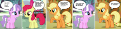 Size: 2670x638 | Tagged: safe, edit, imported from derpibooru, screencap, apple bloom, applejack, diamond tiara, earth pony, pony, comic, female, filly, grin, happy, mare, smiling, trio, trio female, vulgar