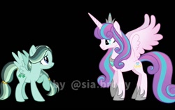 Size: 1080x679 | Tagged: safe, alternate version, artist:sia.brony, imported from derpibooru, princess flurry heart, oc, oc:clover, alicorn, pegasus, pony, the last problem, to where and back again, black background, duo, duo female, female, hoof shoes, horn, jewelry, mare, older, older flurry heart, pegasus oc, peytral, raised hoof, simple background, smiling, tiara, wings, worried