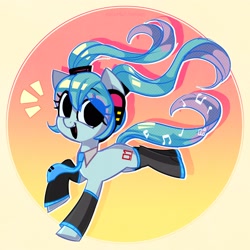 Size: 2500x2500 | Tagged: safe, artist:syrupyyy, imported from derpibooru, earth pony, pony, anime, eye clipping through hair, eyebrows, eyebrows visible through hair, female, hatsune miku, headphones, high res, looking at you, mare, necktie, open mouth, open smile, ponified, smiling, smiling at you, solo, vocaloid