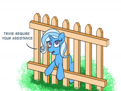 Size: 1280x960 | Tagged: safe, artist:zeronixma, imported from derpibooru, trixie, pony, unicorn, atg 2021, dialogue, female, fence, grammar error, looking at you, mare, newbie artist training grounds, simple background, solo, stuck, text, third person