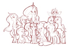 Size: 552x372 | Tagged: safe, artist:iwill-gone, artist:watery summer, imported from derpibooru, applejack, fluttershy, pinkie pie, princess cadance, princess celestia, princess flurry heart, princess luna, rainbow dash, rarity, shining armor, twilight sparkle, alicorn, earth pony, pegasus, pony, unicorn, applejack's hat, baby, baby pony, cowboy hat, crown, female, flying, group shot, hat, jewelry, looking at you, lying down, male, mane six, mare, monochrome, peytral, prone, raised hoof, regalia, sitting, stallion, twilight sparkle (alicorn)