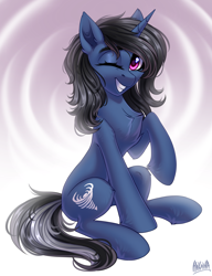 Size: 3000x3900 | Tagged: safe, artist:hakaina, imported from derpibooru, oc, oc only, oc:procelle, pony, unicorn, chest fluff, female, grin, high res, horn, looking at you, mare, one eye closed, simple background, sitting, slim, smiling, smiling at you, solo, unicorn oc, wink, winking at you