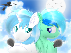 Size: 2000x1500 | Tagged: source needed, useless source url, safe, artist:jadebreeze115, imported from derpibooru, oc, oc only, oc:jade breeze, oc:winter light, pegasus, pony, unicorn, background pony, cute, duo, ear fluff, ethereal mane, gay, horn, looking at each other, male, microphone, ocbetes, pegasus oc, shipping, smiling, smiling at each other, stallion, sunlight, sunny, unicorn oc, wholesome, wings
