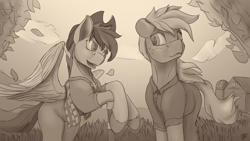 Size: 1920x1080 | Tagged: safe, artist:tenebrisnoctus, imported from derpibooru, applejack, rainbow dash, earth pony, pegasus, pony, accessory theft, appledash, cowboy hat, crossed hooves, duo, female, fence, hat, lesbian, mare, monochrome, sepia, shipping