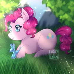 Size: 1500x1500 | Tagged: safe, artist:luckyxlynn, imported from derpibooru, pinkie pie, earth pony, pony, balloon, balloon animal, cute, diapinkes, female, grass, mare, smiling, solo