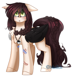 Size: 1988x2120 | Tagged: safe, artist:mediasmile666, imported from derpibooru, oc, oc only, pegasus, pony, bandaid, chest fluff, colored wings, eye clipping through hair, female, floppy ears, high res, jewelry, looking up, mare, pegasus oc, pendant, simple background, solo, standing, transparent background, wings, yin-yang