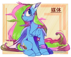 Size: 2730x2196 | Tagged: safe, artist:mediasmile666, imported from derpibooru, oc, oc only, oc:media smile, pegasus, pony, abstract background, chest fluff, chinese, eye clipping through hair, female, high res, jewelry, mare, pegasus oc, pendant, sitting, smiling, solo, wings