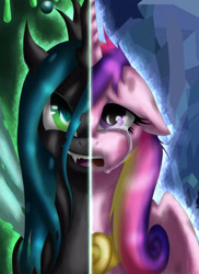 Size: 2091x2868 | Tagged: safe, artist:sinderynaralex, imported from derpibooru, princess cadance, queen chrysalis, alicorn, changeling, changeling queen, pony, bust, crying, duo, duo female, female, high res, mare, teary eyes, this day aria