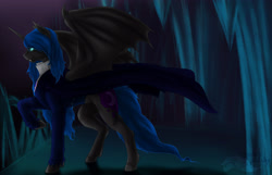 Size: 3049x1967 | Tagged: safe, artist:sinderynaralex, imported from derpibooru, nightmare moon, alicorn, pony, vampire, bat wings, fangs, female, high res, mare, night, outdoors, raised hoof, solo, spread wings, wing claws, wings