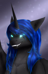 Size: 1967x3049 | Tagged: safe, artist:sinderynaralex, imported from derpibooru, nightmare moon, alicorn, pony, vampire, bat wings, bust, eye clipping through hair, fangs, female, glowing horn, grin, high res, horn, looking at you, mare, smiling, smiling at you, solo, wings