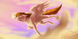 Size: 3464x1732 | Tagged: safe, artist:sinderynaralex, imported from derpibooru, oc, oc only, pegasus, pony, cloud, eyes closed, flying, grin, high res, pegasus oc, sky, smiling, solo, spread wings, wings