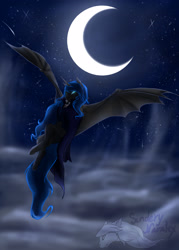 Size: 2000x2800 | Tagged: safe, artist:sinderynaralex, imported from derpibooru, nightmare moon, alicorn, pony, vampire, bat wings, cloud, crescent moon, female, flying, high res, mare, moon, night, night sky, sky, solo, spread wings, starry night, wings