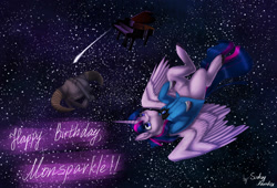 Size: 2800x1900 | Tagged: safe, artist:sinderynaralex, imported from derpibooru, twilight sparkle, alicorn, pony, female, flying, helmet, high res, mare, night, night sky, sky, solo, starry night, twilight sparkle (alicorn)