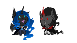 Size: 1280x719 | Tagged: safe, artist:sinderynaralex, imported from derpibooru, king sombra, nightmare moon, alicorn, pony, unicorn, vampire, chibi, duo, fangs, female, male, mare, simple background, stallion, transparent background