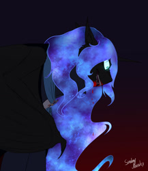Size: 1177x1357 | Tagged: safe, artist:sinderynaralex, imported from derpibooru, nightmare moon, alicorn, pony, vampire, bat wings, blood, fangs, female, gradient background, mare, shrunken pupils, solo, wing claws, wings