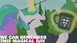 Size: 1280x720 | Tagged: safe, edit, edited screencap, editor:quoterific, imported from derpibooru, screencap, princess celestia, princess luna, alicorn, pony, between dark and dawn, season 9, spoiler:s09, clothes, cute, cutelestia, eyes closed, faic, female, glowing horn, helmet, horn, magic, magic aura, mare, mug, open mouth, open smile, ponytail, shirt, smiling, telekinesis