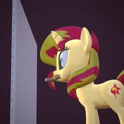 Size: 4000x4000 | Tagged: safe, artist:wissle, imported from derpibooru, sunset shimmer, pony, unicorn, 3d, absurd resolution, atg 2021, blender, canvas, female, mare, mouth hold, newbie artist training grounds, paintbrush, simple background, solo