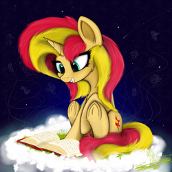 Size: 4000x4000 | Tagged: safe, artist:ser-p, imported from derpibooru, sunset shimmer, pony, unicorn, absurd resolution, book, cheek fluff, chest fluff, cloud, cute, ear fluff, frog (hoof), grin, shimmerbetes, smiling, solo, underhoof