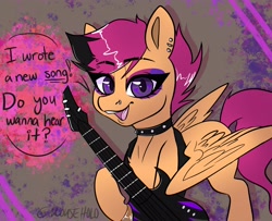 Size: 3500x2842 | Tagged: safe, artist:holomouse, imported from derpibooru, scootaloo, pegasus, pony, choker, clothes, ear piercing, earring, eyebrows, eyebrows visible through hair, eyeshadow, female, filly, guitar, high heels, high res, jewelry, looking at you, makeup, musical instrument, nose piercing, nose ring, open mouth, open smile, piercing, rockerscoots, shoes, smiling, smiling at you, solo