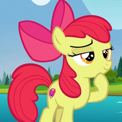 Size: 680x680 | Tagged: safe, imported from derpibooru, screencap, apple bloom, earth pony, pony, marks and recreation, marks for effort, season 7, cropped, female, filly, hoof on chin, smiling, smirk, solo, thinking