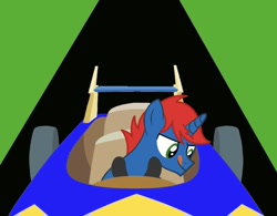 Size: 900x702 | Tagged: safe, artist:ry-bluepony1, imported from derpibooru, oc, oc only, oc:train track, pony, unicorn, base used, car, horn, male, racecar, show accurate, smiling, solo, stallion, tongue out, unicorn oc