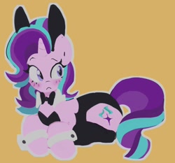 Size: 1399x1302 | Tagged: safe, artist:dekuloid, imported from derpibooru, starlight glimmer, pony, unicorn, blushing, bowtie, bunny ears, bunny suit, clothes, cuffs (clothes), female, frown, leotard, lying down, mare, prone, socks, solo