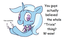 Size: 983x599 | Tagged: artist needed, safe, imported from derpibooru, trixie, pony, unicorn, blushing, cape, clothes, comic sans, crossdressing, fake eyelashes, gender headcanon, looking at you, male, rule 63, text, tristan, trixie's cape