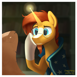 Size: 2048x2048 | Tagged: safe, artist:dash wang, imported from derpibooru, sunburst, pony, unicorn, blaze (coat marking), cloak, clothes, coat markings, facial hair, facial markings, g4, glasses, glowing horn, goatee, high res, horn, library, male, scroll, socks (coat markings), solo, stallion, sunburst's cloak, sunburst's glasses