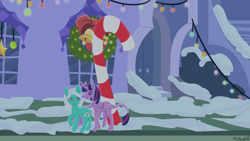 Size: 1920x1080 | Tagged: safe, artist:misskanabelle, imported from derpibooru, twilight sparkle, oc, oc:tickle, alicorn, earth pony, pony, candy, candy cane, canon x oc, christmas, christmas lights, christmas wreath, cloven hooves, duo, earth pony oc, female, food, hearth's warming, holiday, horn, leonine tail, lesbian, mare, outdoors, shipping, smiling, snow, twilight sparkle (alicorn), wings, wreath