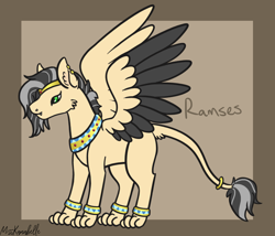 Size: 1750x1500 | Tagged: safe, artist:misskanabelle, imported from derpibooru, oc, oc only, oc:ramses, hybrid, sphinx, abstract background, adopted offspring, ear fluff, interspecies offspring, jewelry, magical lesbian spawn, male, offspring, parent:pinkie pie, parent:princess skystar, parents:skypie, ring, signature, solo, sphinx oc, tail, tail ring, two toned wings, wings