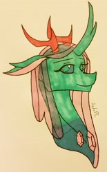 Size: 2034x3290 | Tagged: safe, artist:agdapl, imported from derpibooru, ocellus, changedling, changeling, antlers, bust, changedling queen, curved horn, duo, high res, horn, older, older ocellus, signature, smiling, solo, traditional art