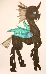 Size: 2097x3354 | Tagged: safe, artist:agdapl, imported from derpibooru, thorax, changeling, fangs, high res, horn, male, raised hoof, signature, solo, traditional art, wings