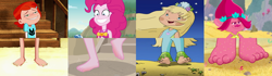 Size: 7680x2160 | Tagged: safe, editor:sonic ranger, imported from derpibooru, pinkie pie, human, equestria girls, equestria girls series, friendship math, too hot to handle, barefoot, beach, ben 10, close-up, clothes, comparison, dreamworks trolls, feet, fetish, foot closeup, foot fetish, foot focus, gwen tennyson, queen poppy, sand, seaberry delight, strawberry shortcake, swimsuit, trolls, trollstopia, wat, wiggling toes