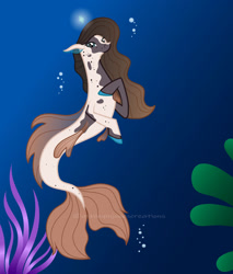 Size: 1280x1503 | Tagged: safe, artist:amjcreations, imported from derpibooru, oc, oc only, merpony, seapony (g4), bubble, coral, dorsal fin, female, fins, fish tail, flowing mane, flowing tail, gray eyes, looking at you, ocean, seaweed, solo, tail, underwater, water