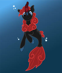 Size: 1280x1520 | Tagged: safe, artist:amjcreations, imported from derpibooru, oc, oc only, hybrid, kirin, seapony (g4), blue eyes, bubble, crepuscular rays, dorsal fin, fins, fish tail, flowing tail, looking at you, ocean, red mane, seaponified, smiling, solo, species swap, sunlight, tail, underwater